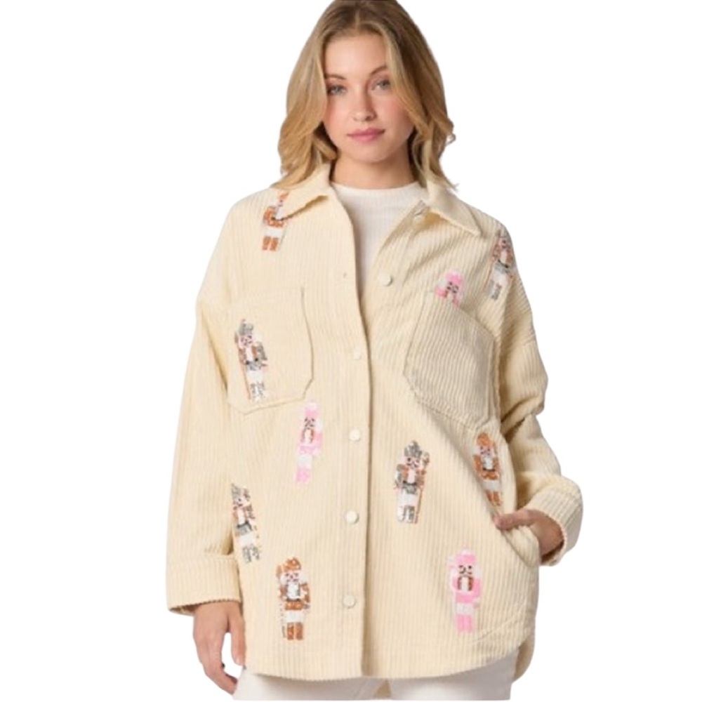 Peach Love Sequin Nutcracker Corduroy Shacket NWT Size S
